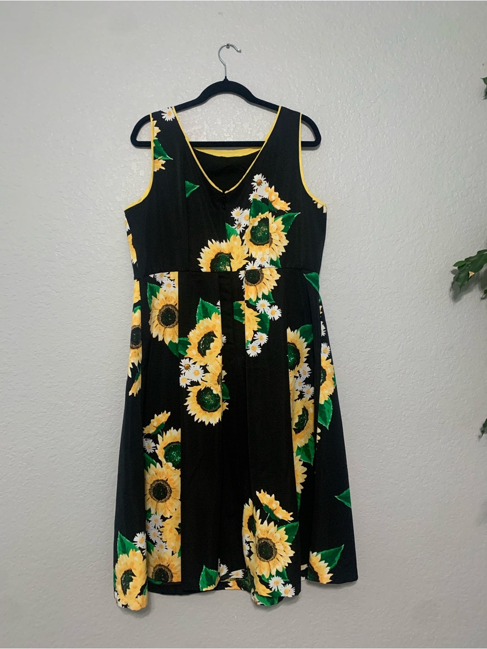 New York & Company Black Midi Dress with Yellow Sunflower Print - Picture 2 of 4